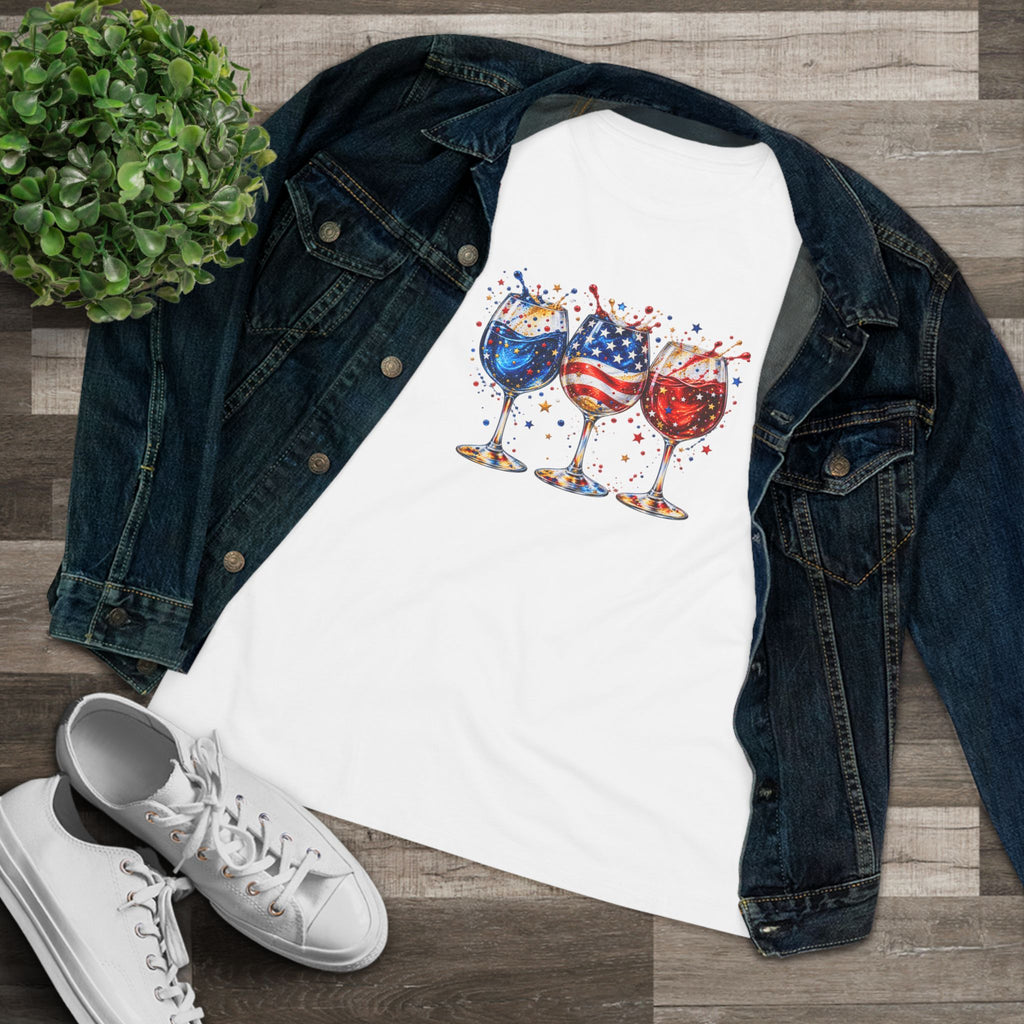 SatsandStripes.com Patriotic Wine Glass Women's T-Shirt – Red White & Blue USA Graphic Tee White with Jean Jacket