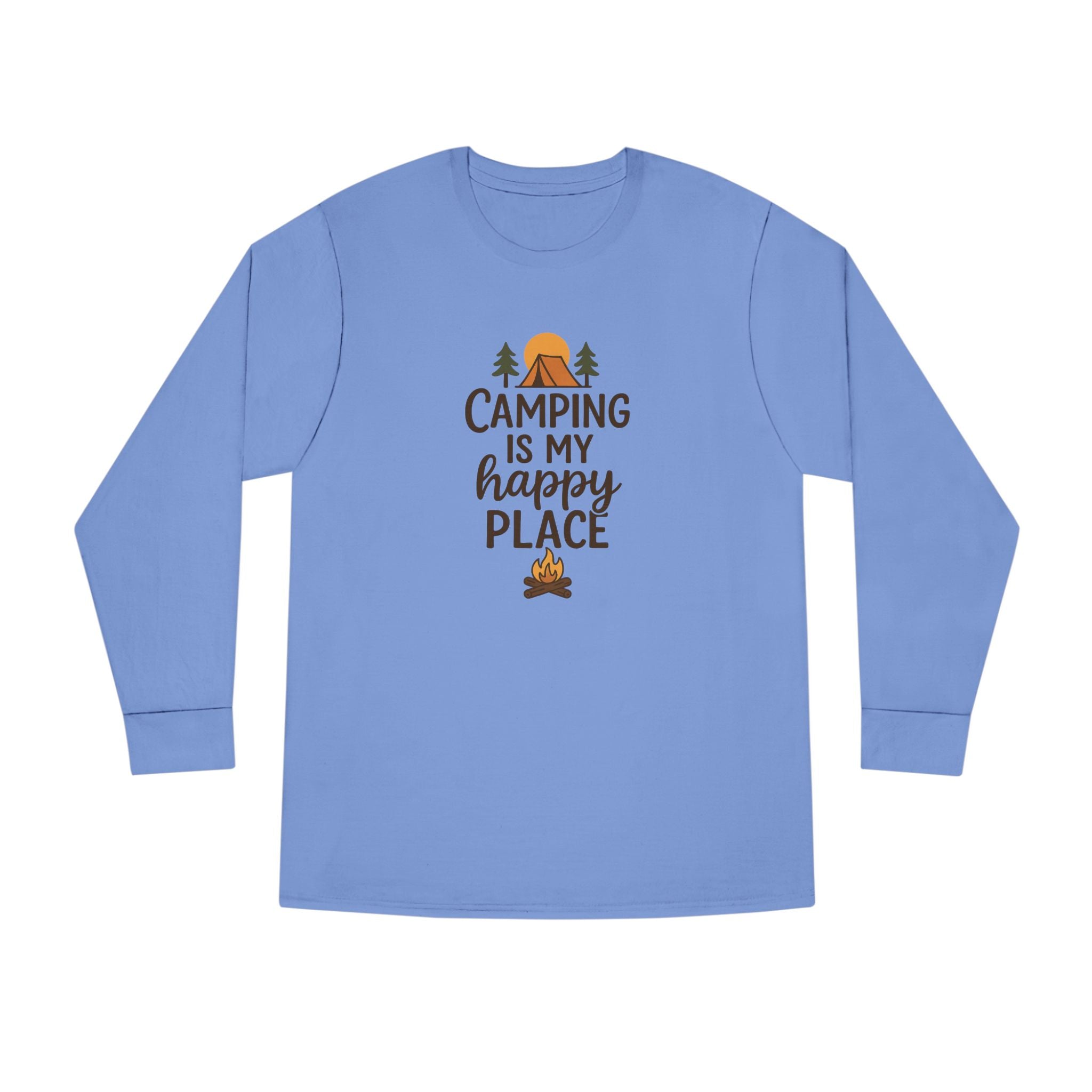 Camping Is My Happy Place Long Sleeve Tee Campfire Trees Sun Outdoor Shirt 4 colors 100% cotton