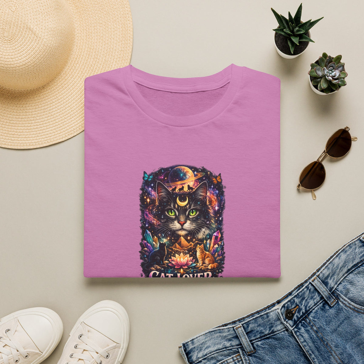 SatsandStripes.com Mystical Cat Lover T-Shirt for Women Cat Mom Shirt Gift for Cat Lovers Boho Fantasy Art Top Orchid