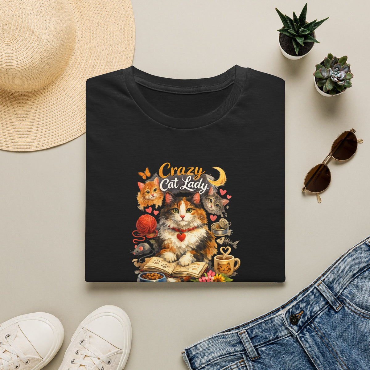 SatsandStripes.com Crazy Cat Lady T-Shirt Cute Cat Mom Graphic Tee Cat Lover Shirt Gift for Cat Moms Whimsical Cat Art Top 8 colors 100% cotton Black