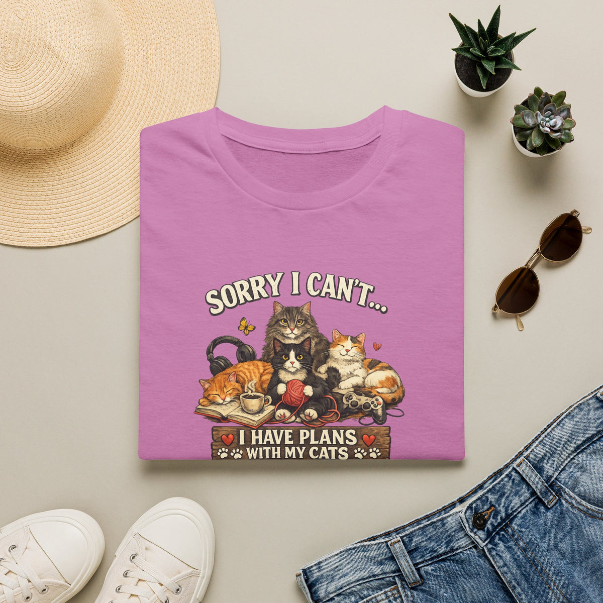 Sorry I Can't Have Plans With My Cats SatsandStripes.com T-Shirt Cat Mom Tee Pet Lover Gift Cute Cat Graphic Tee Orchid Folded