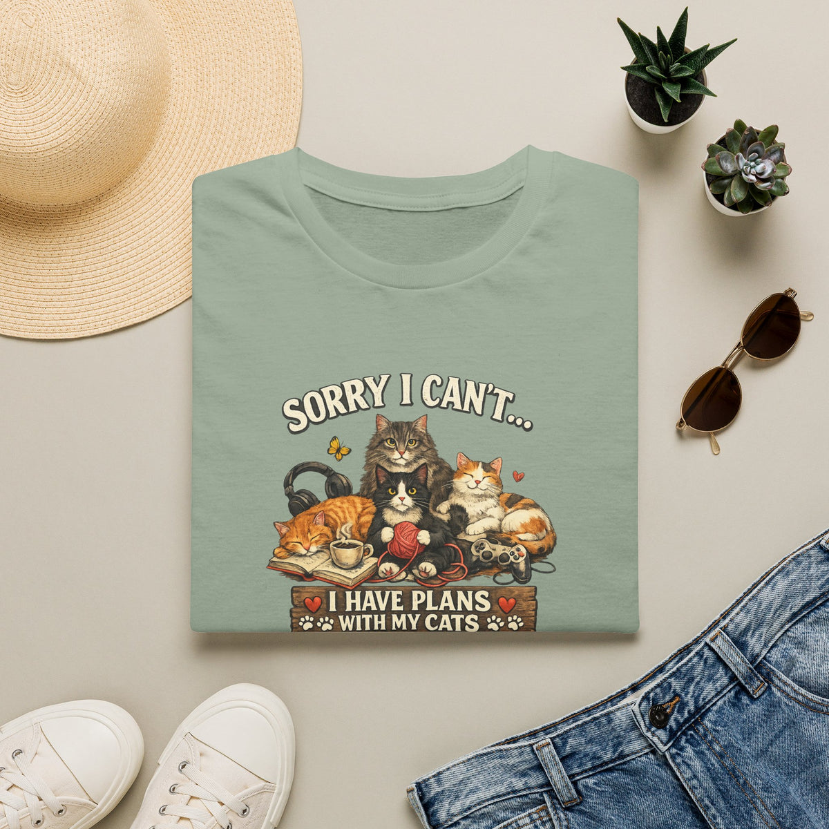 Sorry I Can't Have Plans With My Cats SatsandStripes.com T-Shirt Cat Mom Tee Pet Lover Gift Cute Cat Graphic Tee Sage Folded
