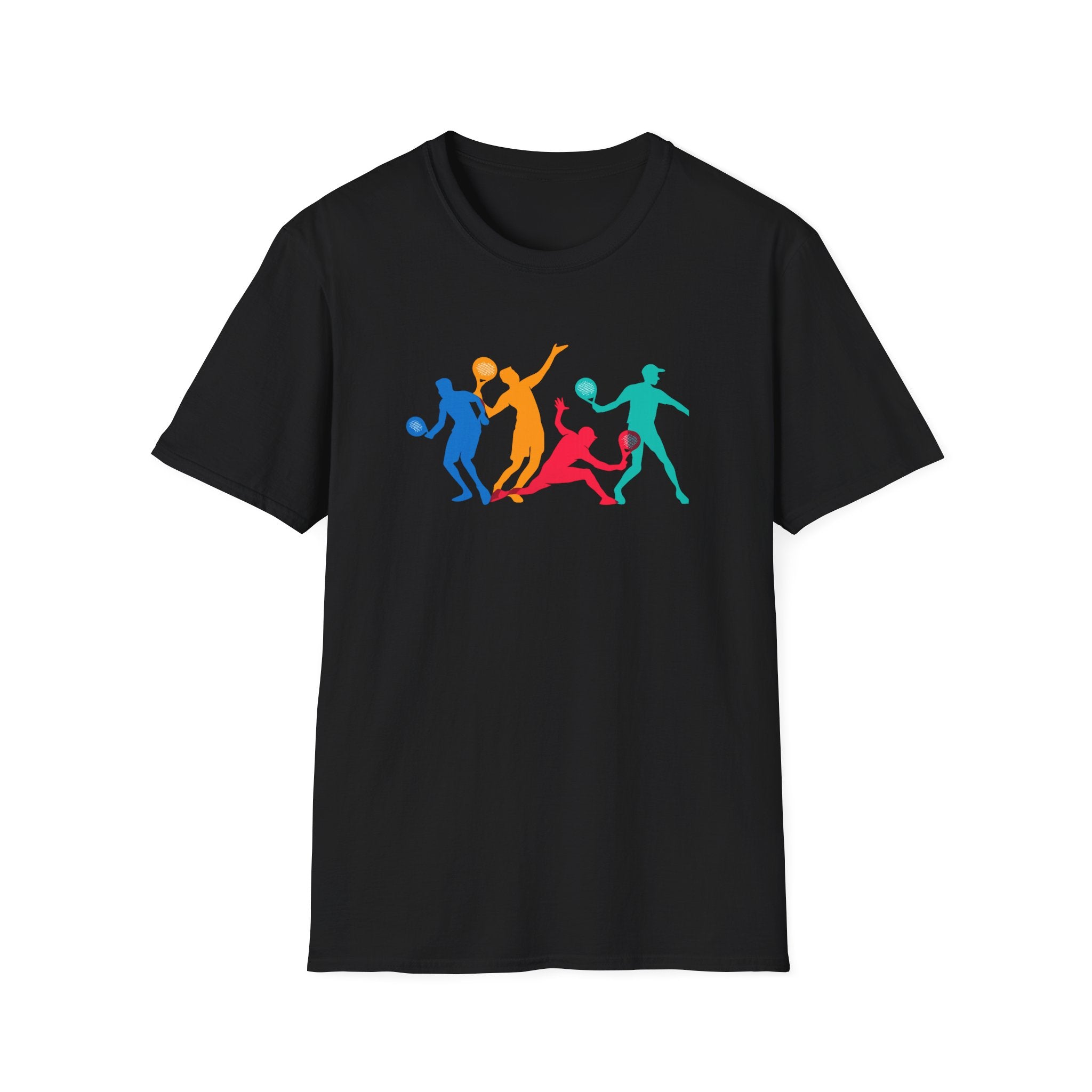 Buntes Tennis-Silhouette T-Shirt Modernes Tennisspieler Grafik-Shirt Unisex Sportshirt Tennisliebhaber Geschenk 3 Farben 100% Baumwolle