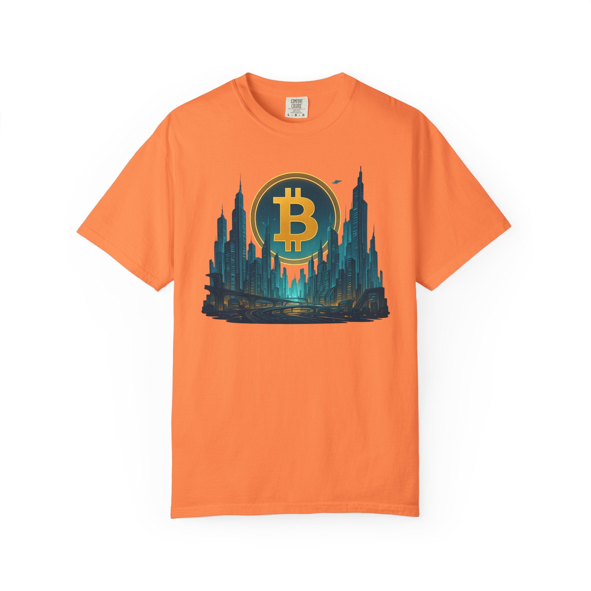 Sats and Stripes Futuristic Bitcoin City T-Shirt Neon Crypto Skyline Tee for Bitcoin Enthusiasts Orange