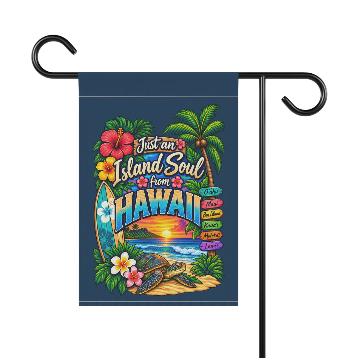 SatsandStripes.com Just an Island Soul From Hawaii Garden Flag – Tropical Aloha Turtle, Hibiscus & Surf Beach Yard Décor 12 x 18
