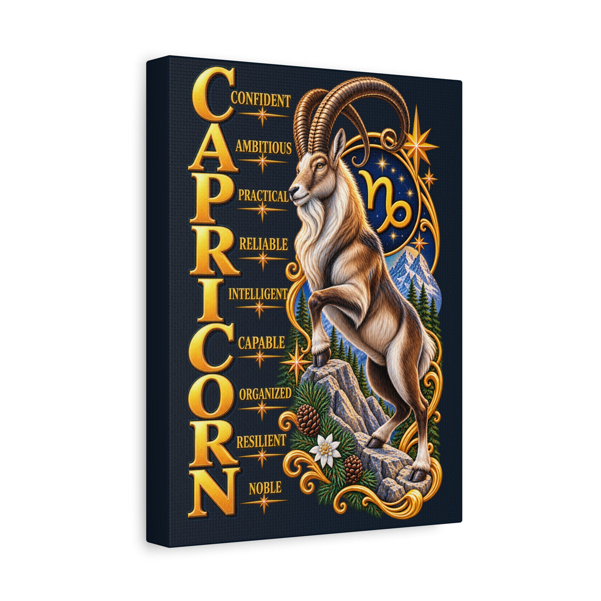 SatsandStripes.com Capricorn Zodiac Canvas Wall Art – Confident Ambitious Practical Astrology Decor – 12 x 9