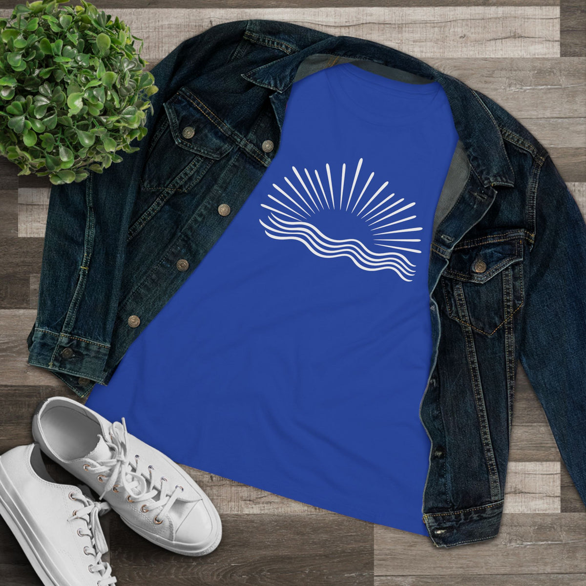SatsandStripes.com Women’s Minimalist Sun & Waves T-Shirt – Relaxed Fit Cotton Beach Tee Royal Blue with Jean Jacket