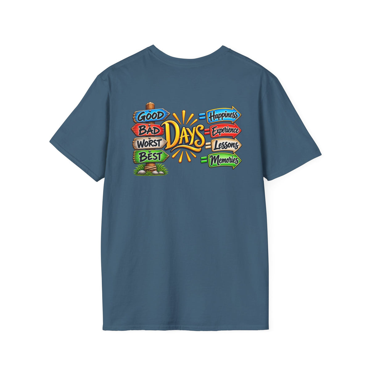SatsandStripes.com Positive Vibes All Day Softstyle® T-Shirt – Good Days, Life Lessons & Memories Graphic Tee Indigo Blue