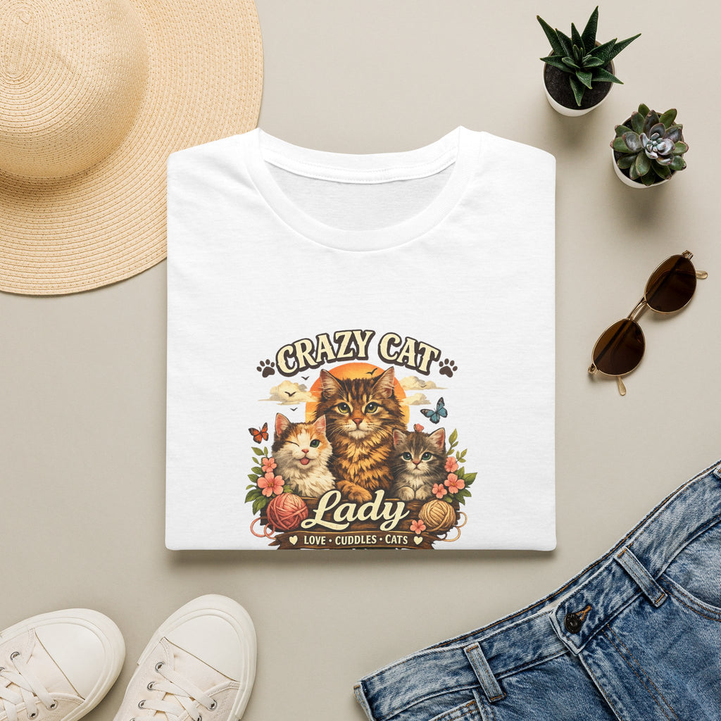 SatsandStripes.com Crazy Cat Lady T-Shirt Funny Cat Lover Shirt Cat Mom Tee Cute Cat Graphic Shirt Gift for Cat Lovers White Folded