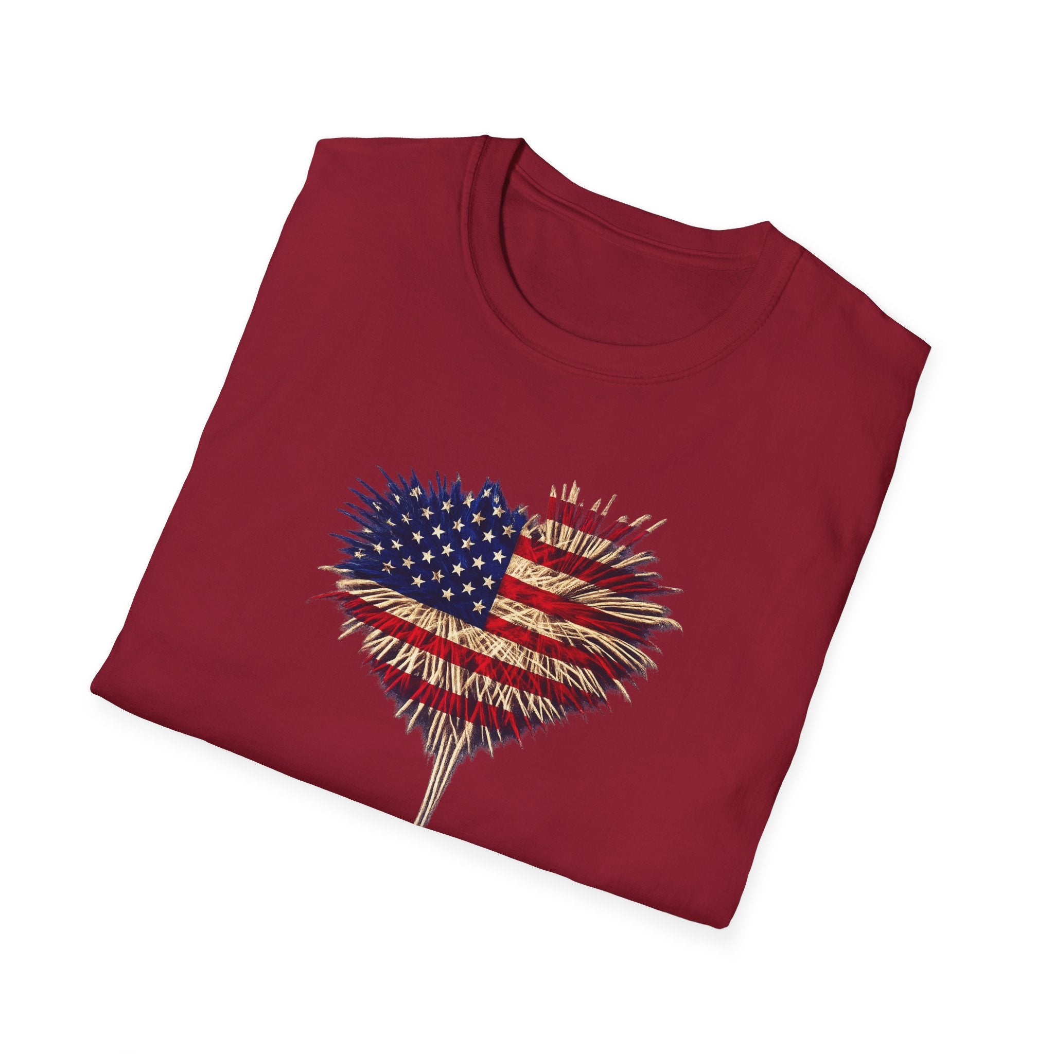 American Flag Fireworks Heart T-Shirt Patriotic 4th of July Shirt USA Independence Day Tee 7 colors 100% cotton