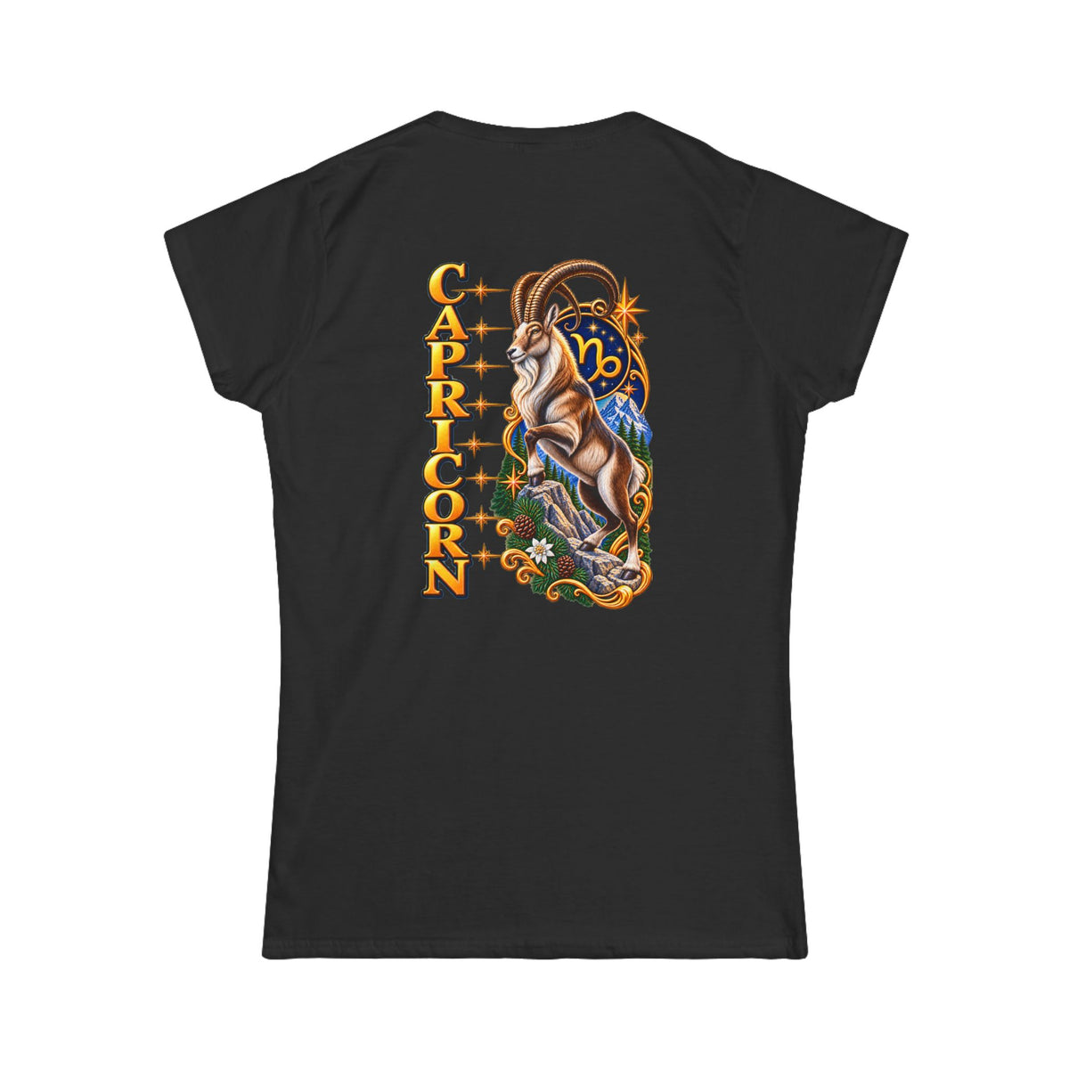 SatsandStripes.com Capricorn Women’s Zodiac SoftStyle T-Shirt – Bold Mountain Goat Astrology Tee, Dec 22–Jan 19 Birthday Gift Black