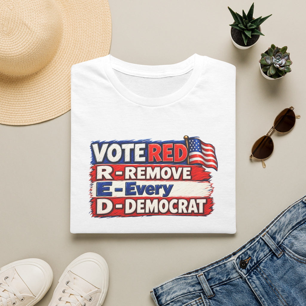 SatsandStripes.com Vote Red R.E.D. Political Graphic Softstyle® T-Shirt – Patriotic Red White & Blue Statement Tee White folded