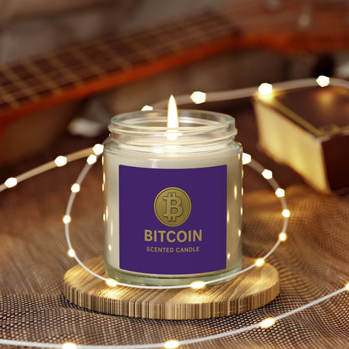 Sats and Stripes Bitcoin Logo Coconut-Apricot Wax Candle 4 oz & 9 oz Purple Label Clear Jar