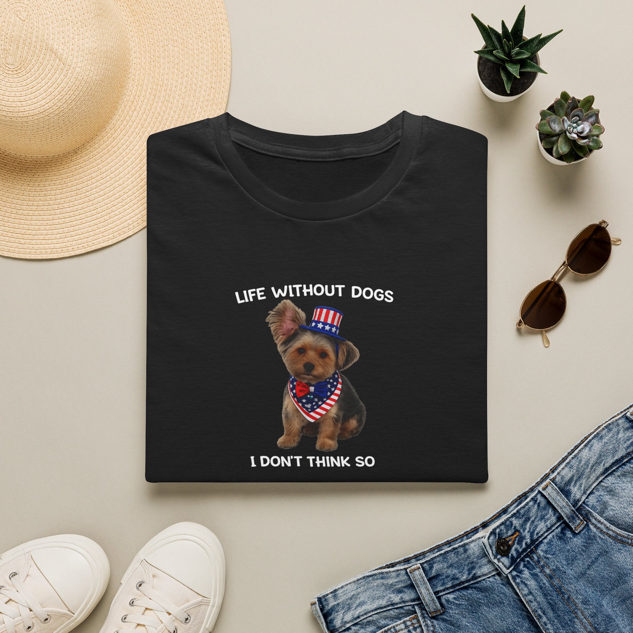 Sats and Stripes Life Without Dogs I Don't Think So Patriotic Yorkie T-Shirt Black Folded