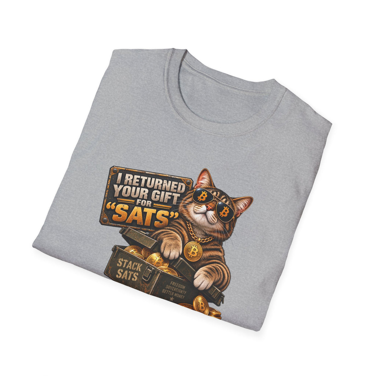 SatsandStripes.com I Returned Your Gift for Sats T-Shirt Funny Bitcoin Cat Graphic Tee Crypto Holiday Tee for Bitcoin Lovers Grey Folded