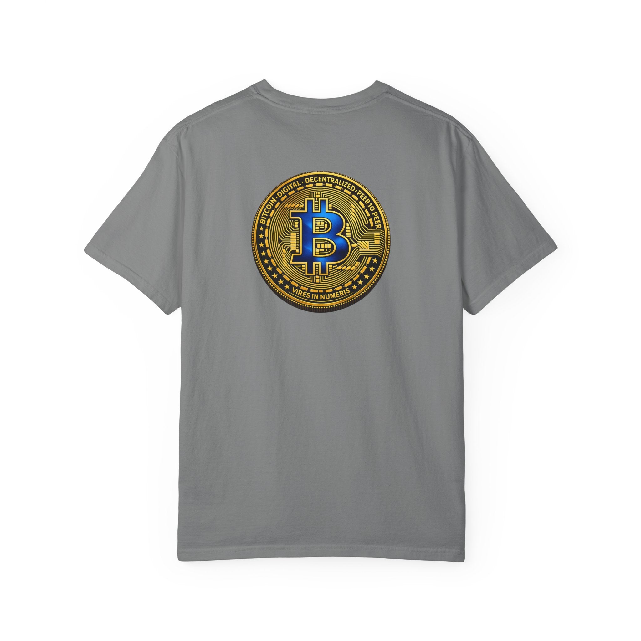Blaues und goldenes Bitcoin-Münzen-Rückdruck T-Shirt Krypto Dezentrales Grafik-T-Shirt 5 Farben 100% Baumwolle