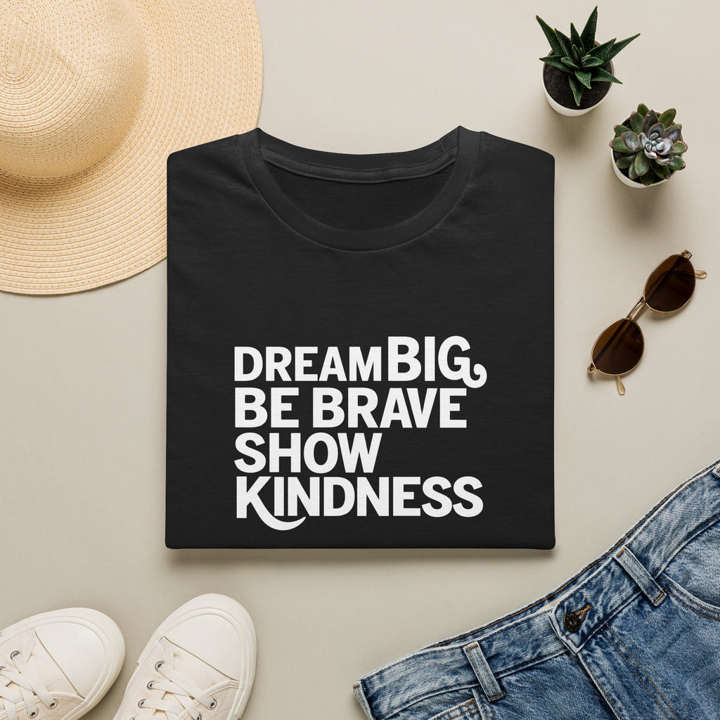 SatsandStripes.com Dream Big Be Brave Show Kindness Softstyle® T-Shirt Inspirational Positive Message Tee Black Folded