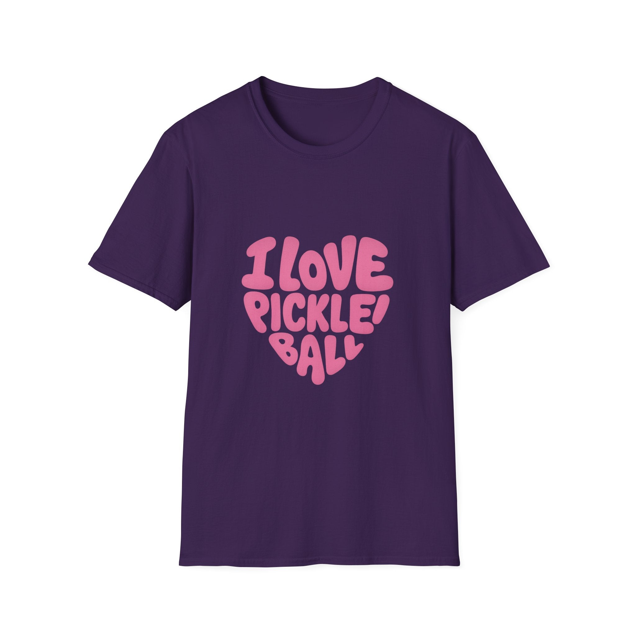 Sats and Stripes I Love Pickleball Heart Tee Cute Retro Bubble Letters T-Shirt Purple