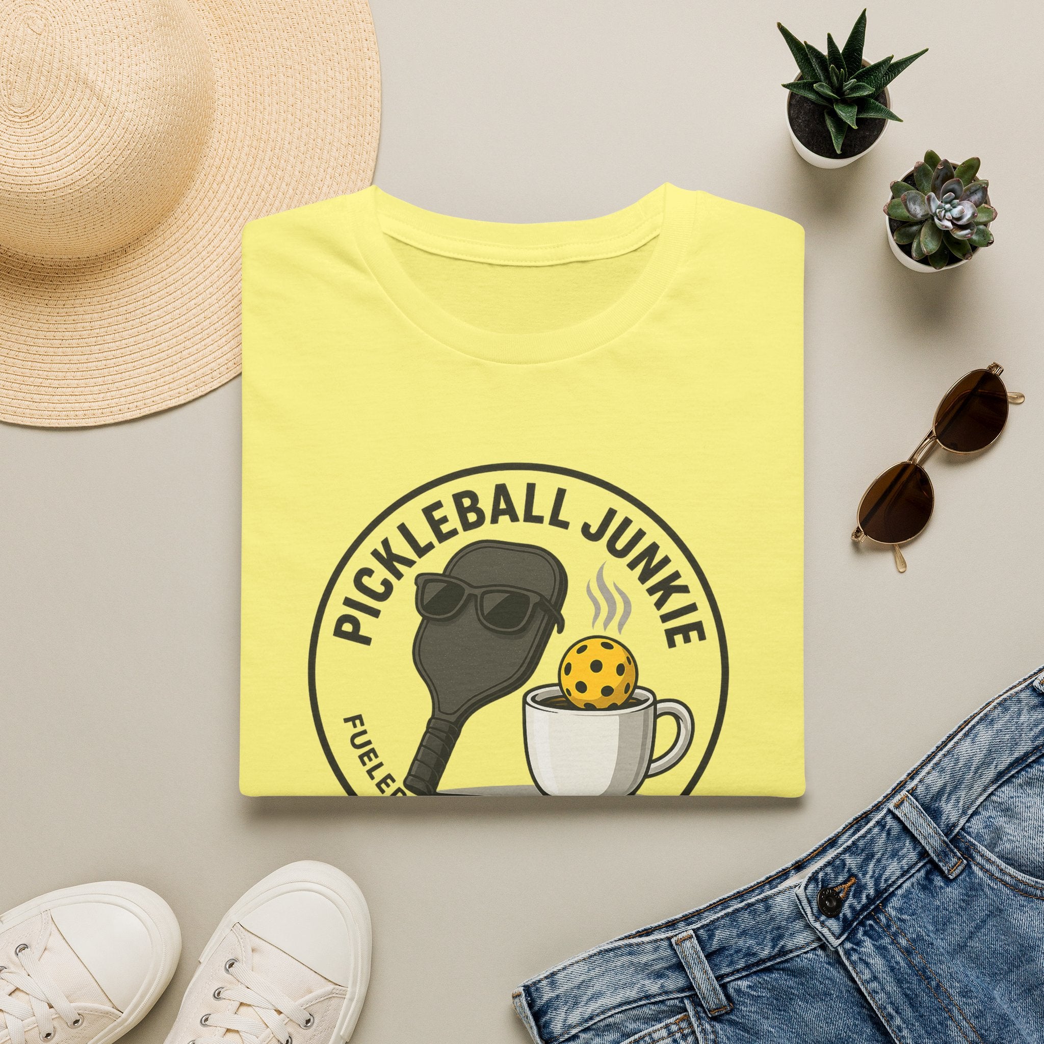 Sats and Stripes Pickleball Junkie Tee Fueled by Coffee & Dinks Yellow Folded