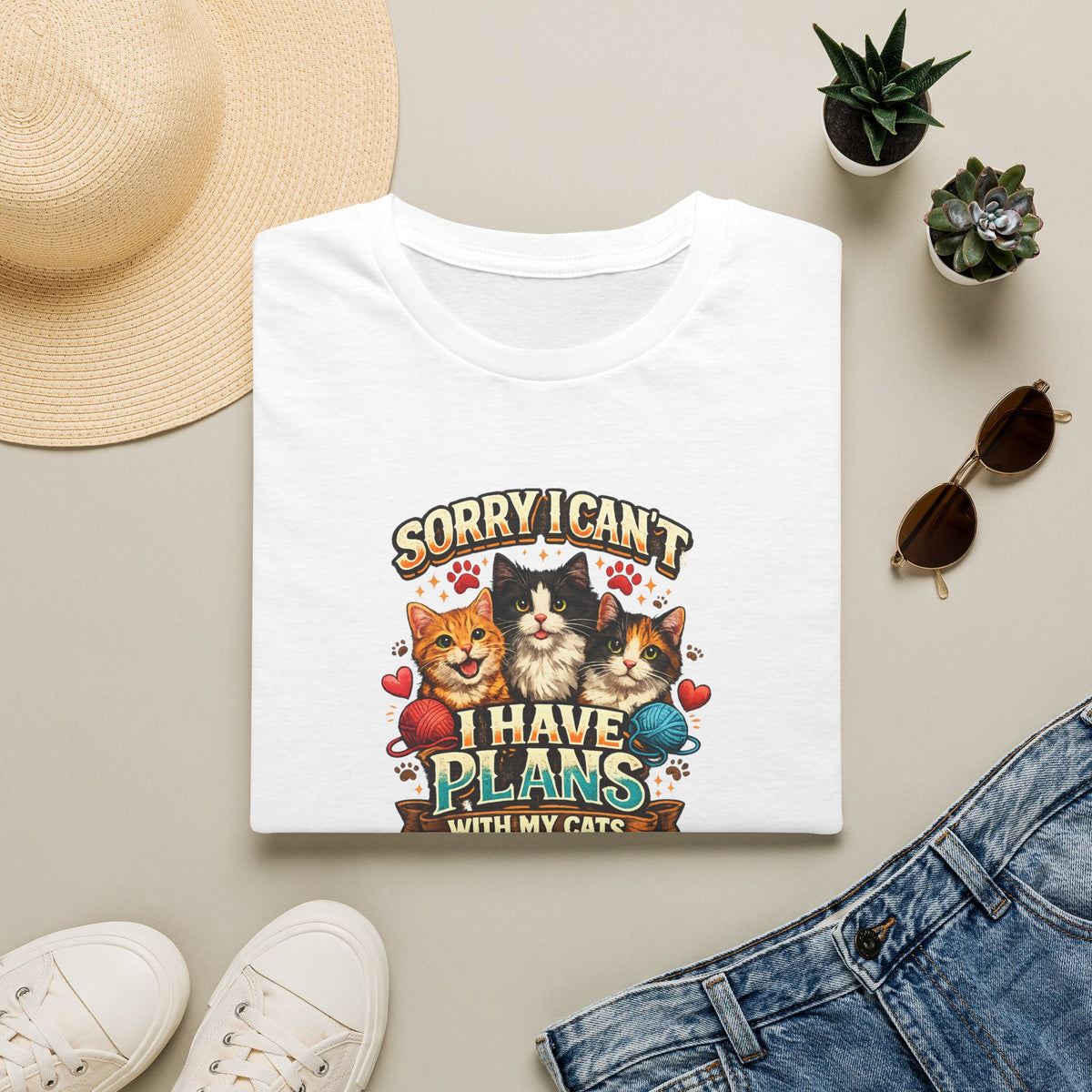 SatsandStripes.com Sorry I Can't I Have Plans With My Cats Expressive Cat Lover T-Shirt Funny Cat Mom Tee Cute Cat Shirt Ivory