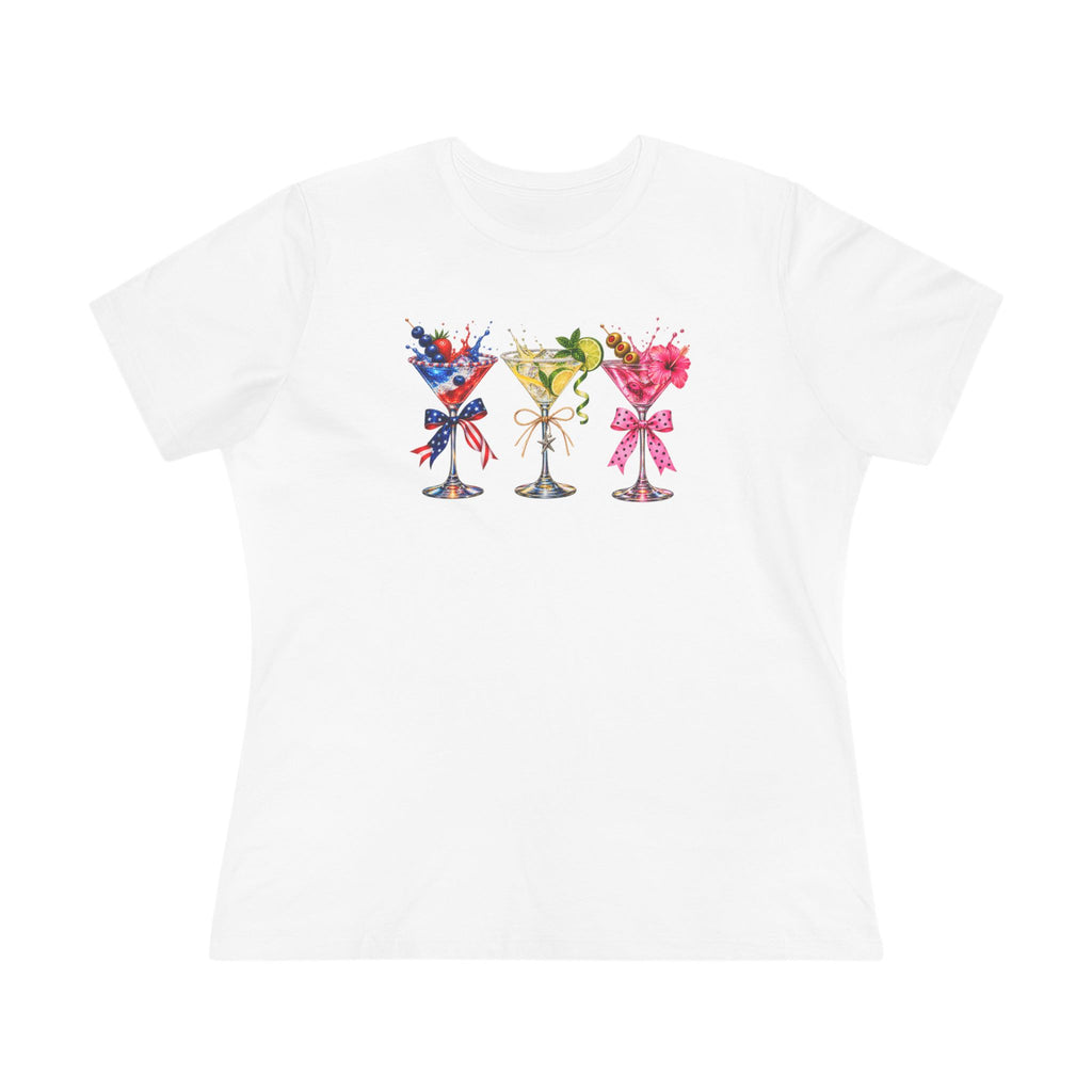 SatsandStripes.com Three Martini Glasses Women's T-Shirt Colorful Cocktail Lover Graphic Tee White