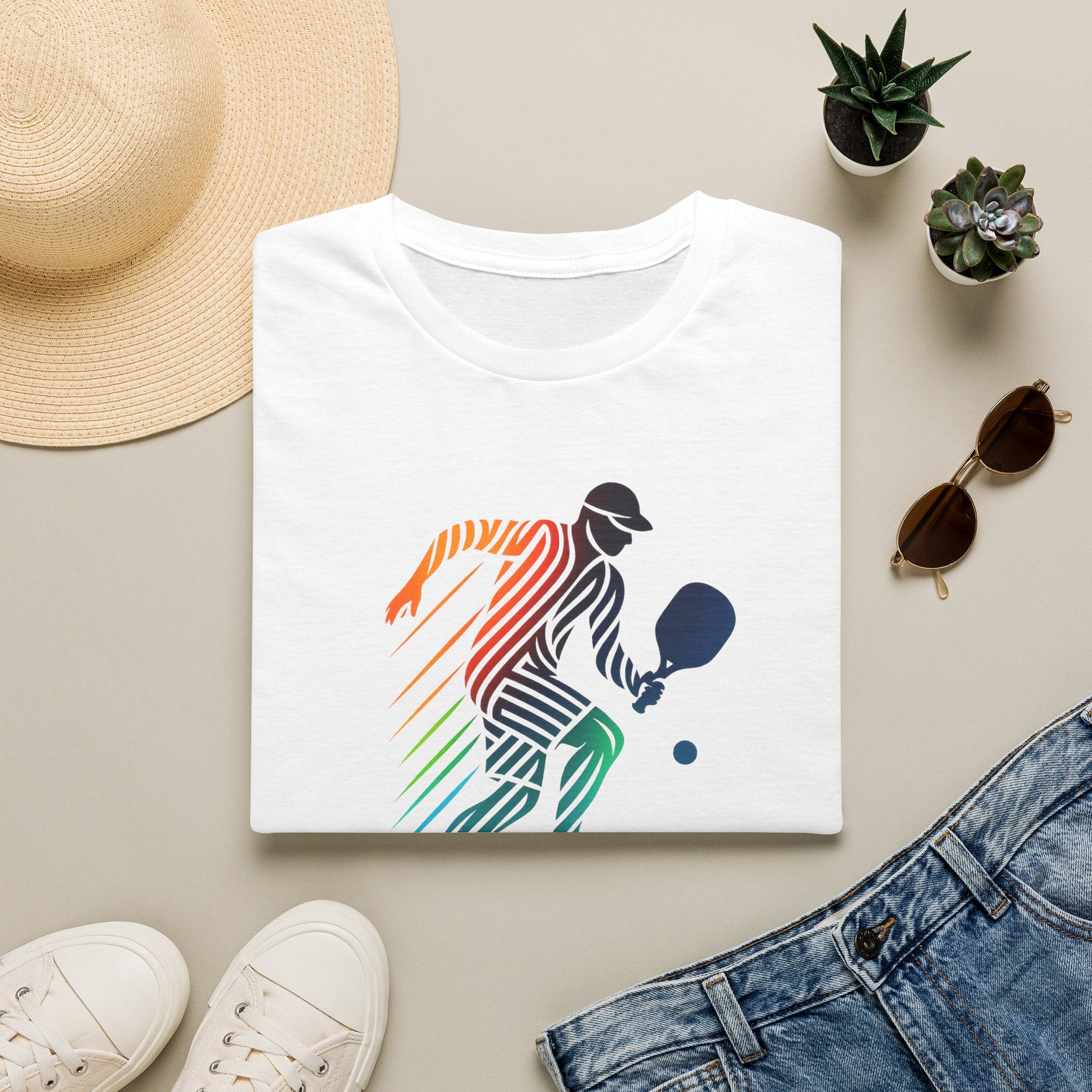 Sats and Stripes Pickleball Motion Tee Dynamic Player Design for Athletes & Enthusiasts White Folded