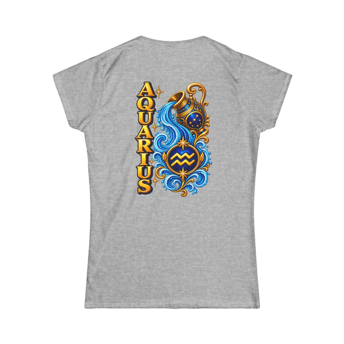 SatsandStripes.com Aquarius Zodiac Women’s SoftStyle T-Shirt – Water Bearer Astrology Tee, Celestial Back Print Shirt Grey