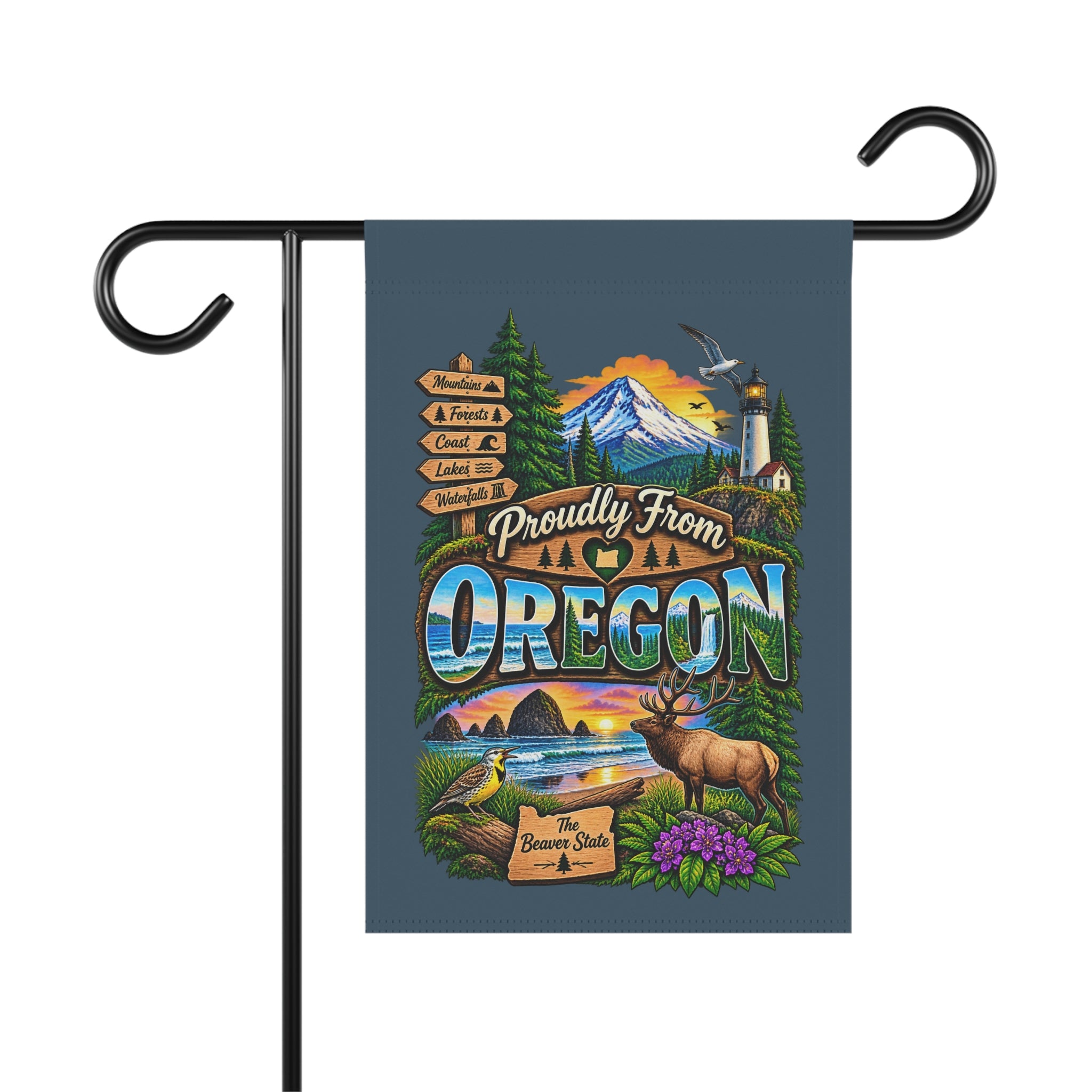 SatsandStripes.com Proudly From Oregon Garden Flag – Pacific Northwest Mountains, Coast, Elk & Evergreen Yard Décor 12 x 18