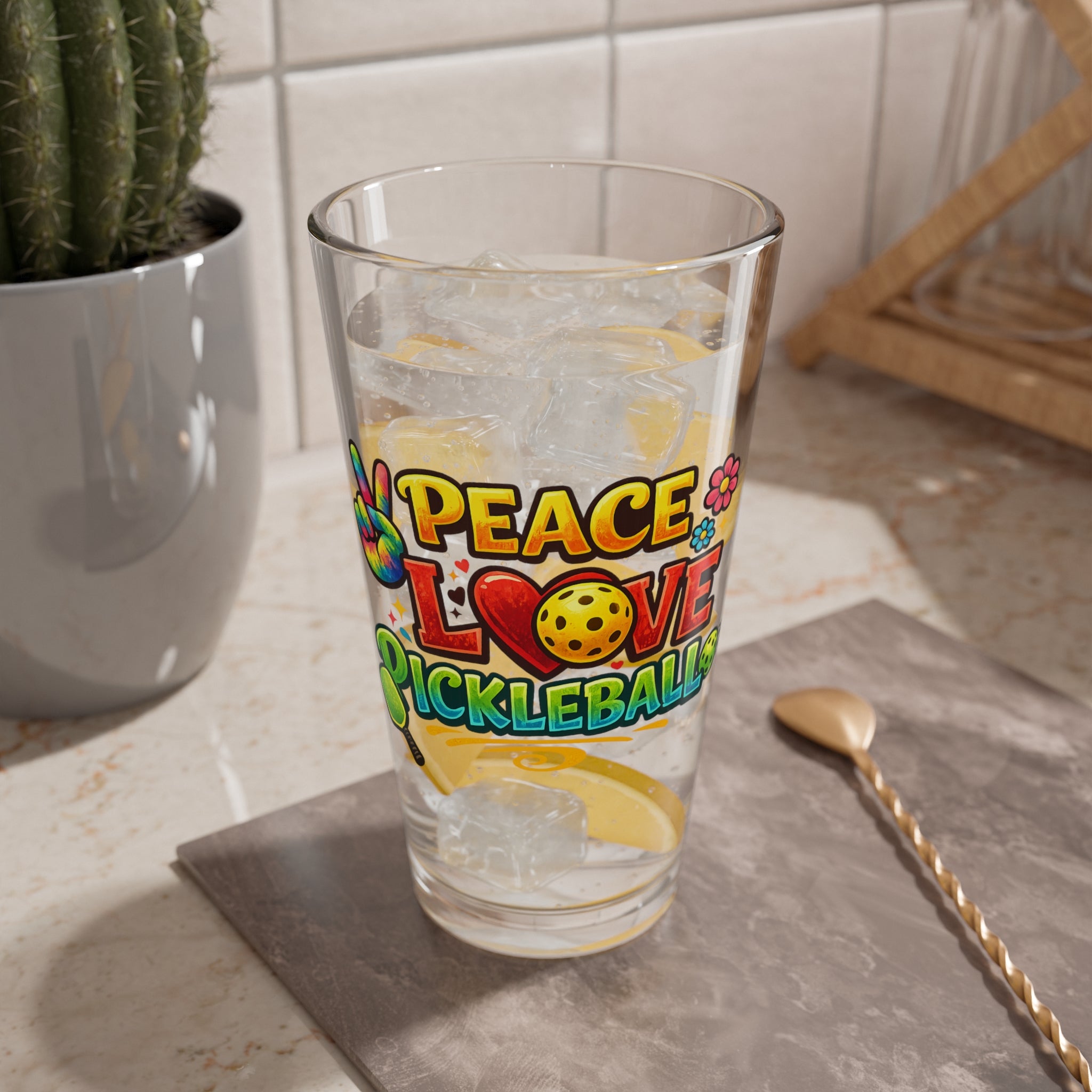 Peace Love Pickleball Pint Glass Fun Pickleball Gift Beer Glass for Pickleball Lovers 16 oz