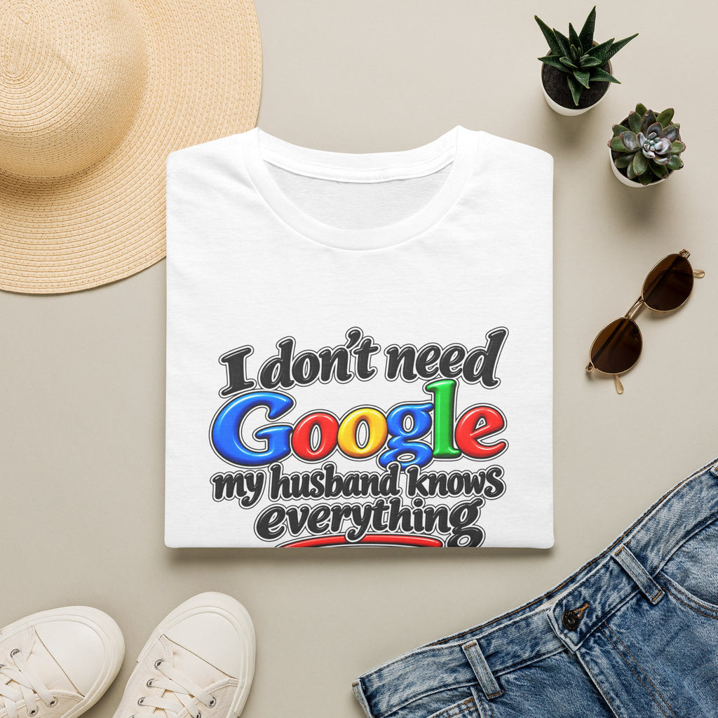 SatsandStripes.com I Don’t Need Google, My Husband Knows Everything – Funny Wife Softstyle® T-Shirt White Folded