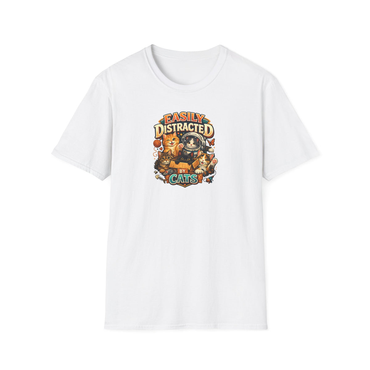 SatsandStripes.com Easily Distracted by Cats T-Shirt Cute Cat Lover Shirt Funny Cat Mom Tee Cozy Pet Lover Gift White