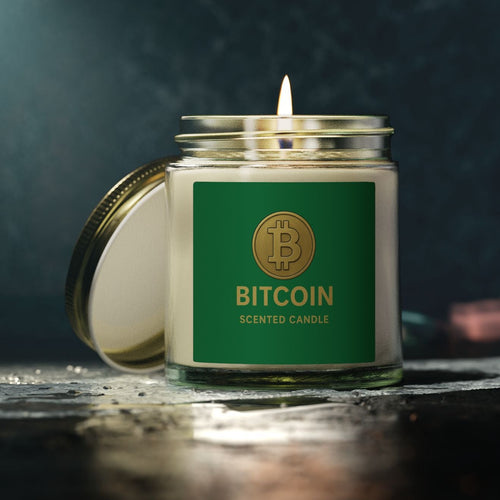 Sats and Stripes Bitcoin Logo Candles Coconut Apricot Wax 4 oz & 9 oz Green Label Clear Jar