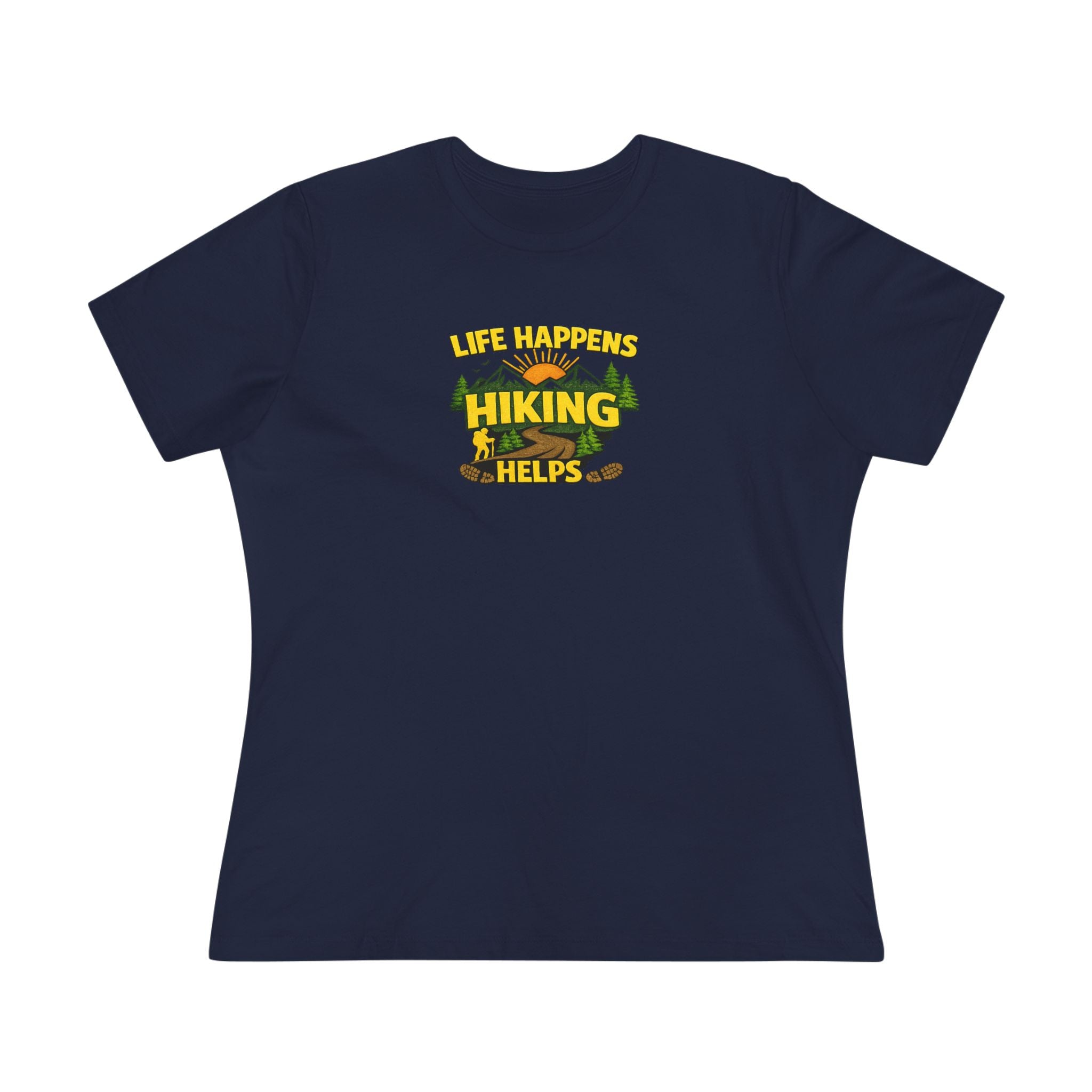 Sats and Stripes Life Happens Hiking Helps Shirt Women's Hiking Lover Tee Nature Lover Gift Navy