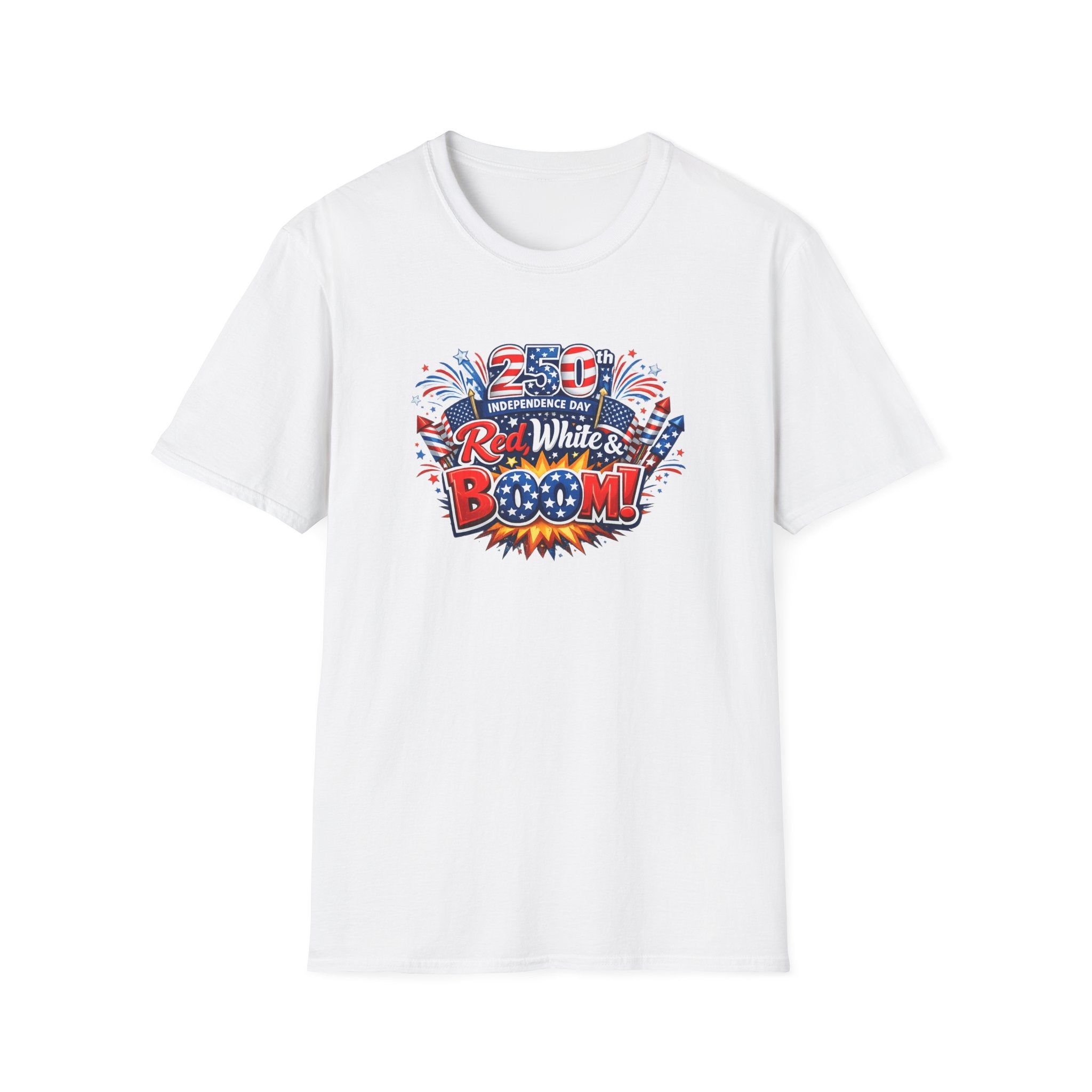 Sats and Stripes Red White & Boom 250th Anniversary Tee Patriotic 4th of July Fireworks Tee USA White
