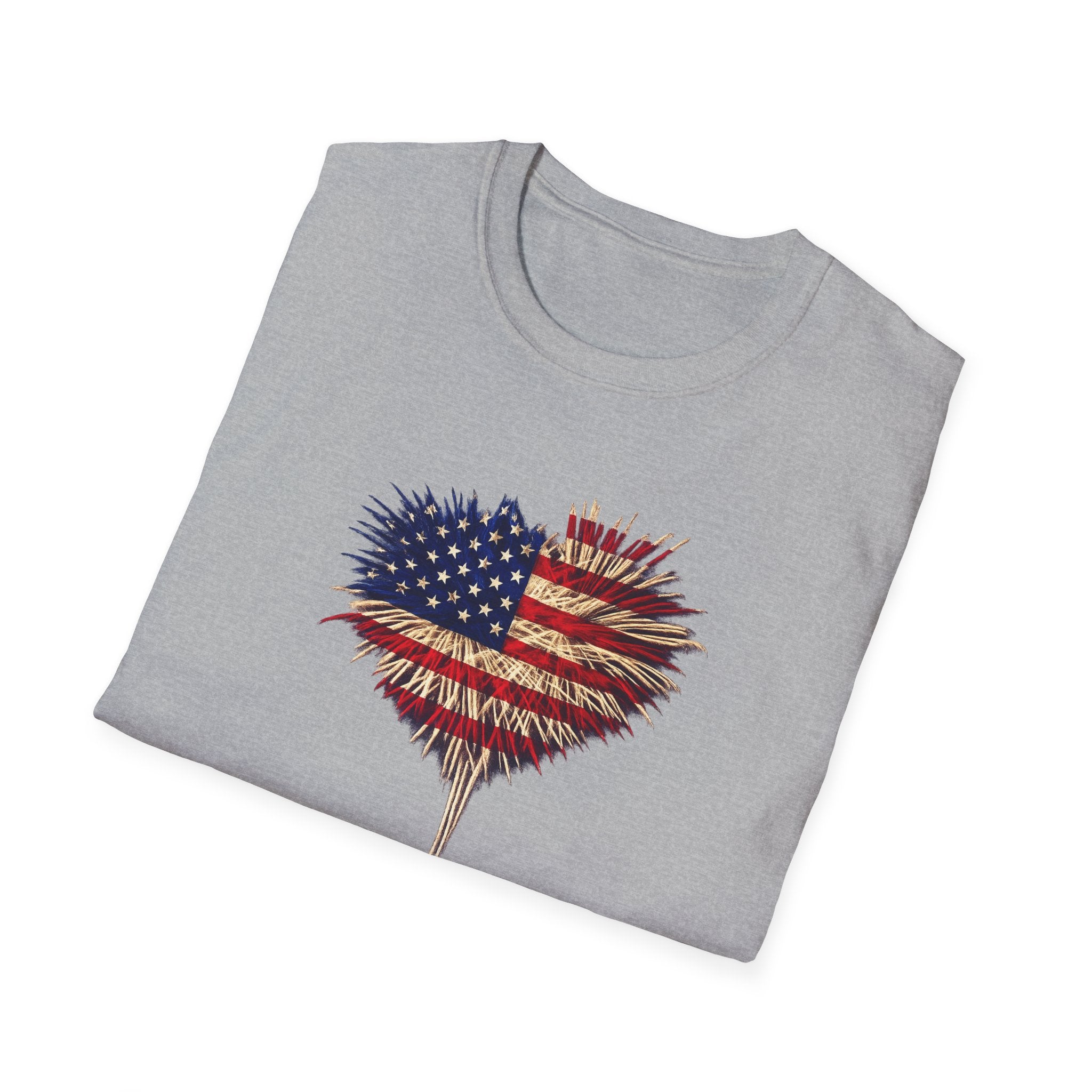 American Flag Fireworks Heart T-Shirt Patriotic 4th of July Shirt USA Independence Day Tee 7 colors 100% cotton