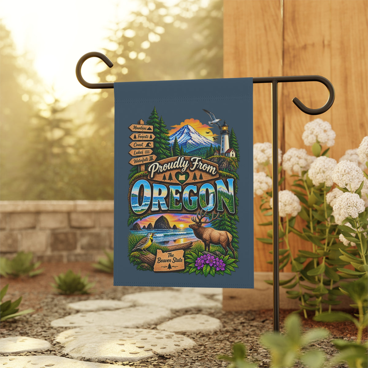 SatsandStripes.com Proudly From Oregon Garden Flag – Pacific Northwest Mountains, Coast, Elk & Evergreen Yard Décor 12 x 18