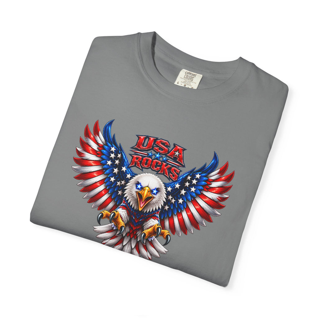 🇺🇸 USA ROCKS Garment-Dyed T-shirt– Born Free. Built Fierce. Patriotic Eagle Graphic Tee  colors - 100% cotton