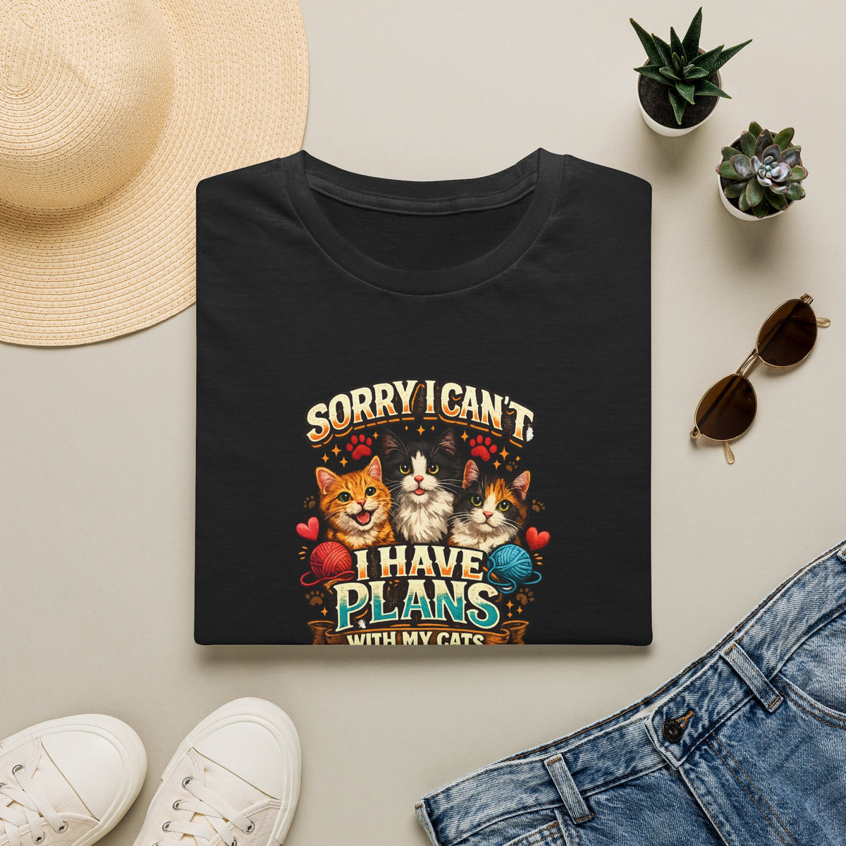 SatsandStripes.com Sorry I Can't I Have Plans With My Cats Expressive Cat Lover T-Shirt Funny Cat Mom Tee Cute Cat Shirt Black