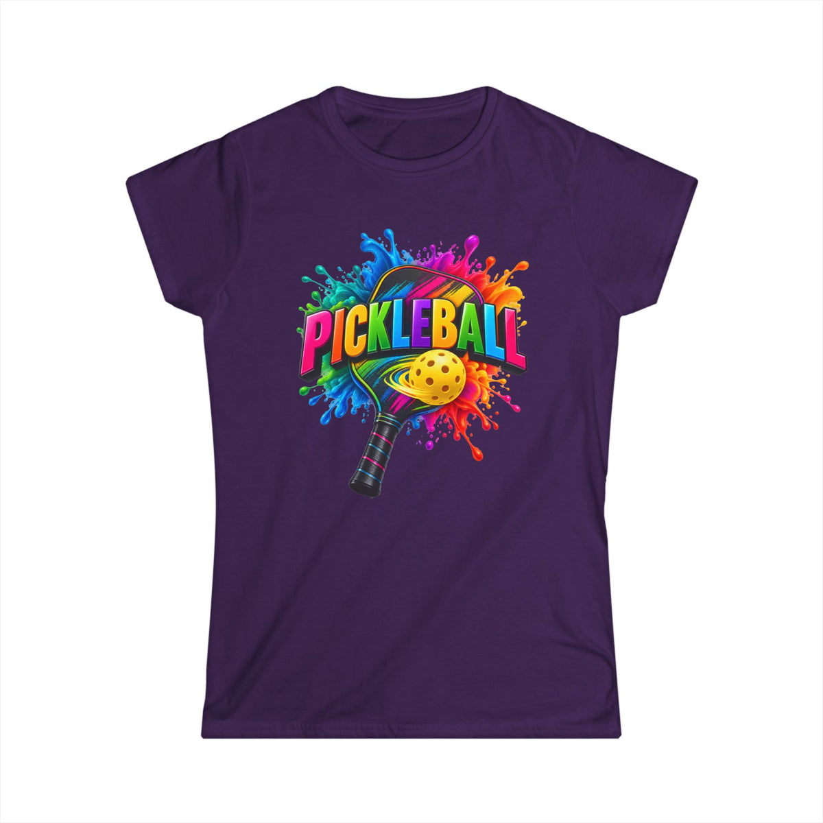 SatsandSripes.com Color Splash Pickleball Women’s SoftStyle T-Shirt – Bright Paddle & Ball Graphic Tee Purple