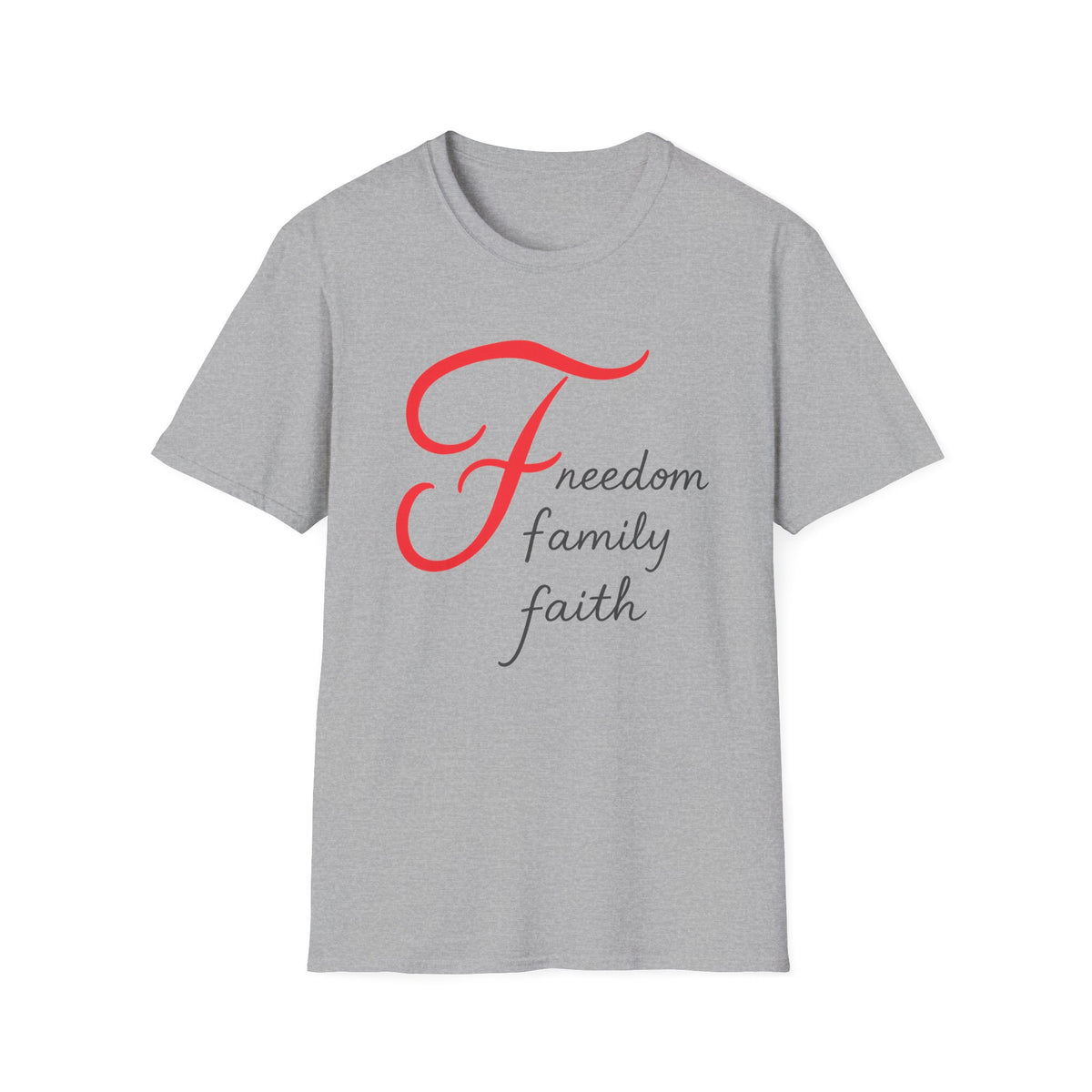 SatsandStripes.com Freedom Family Faith T-Shirt Inspirational Christian Tee Grey