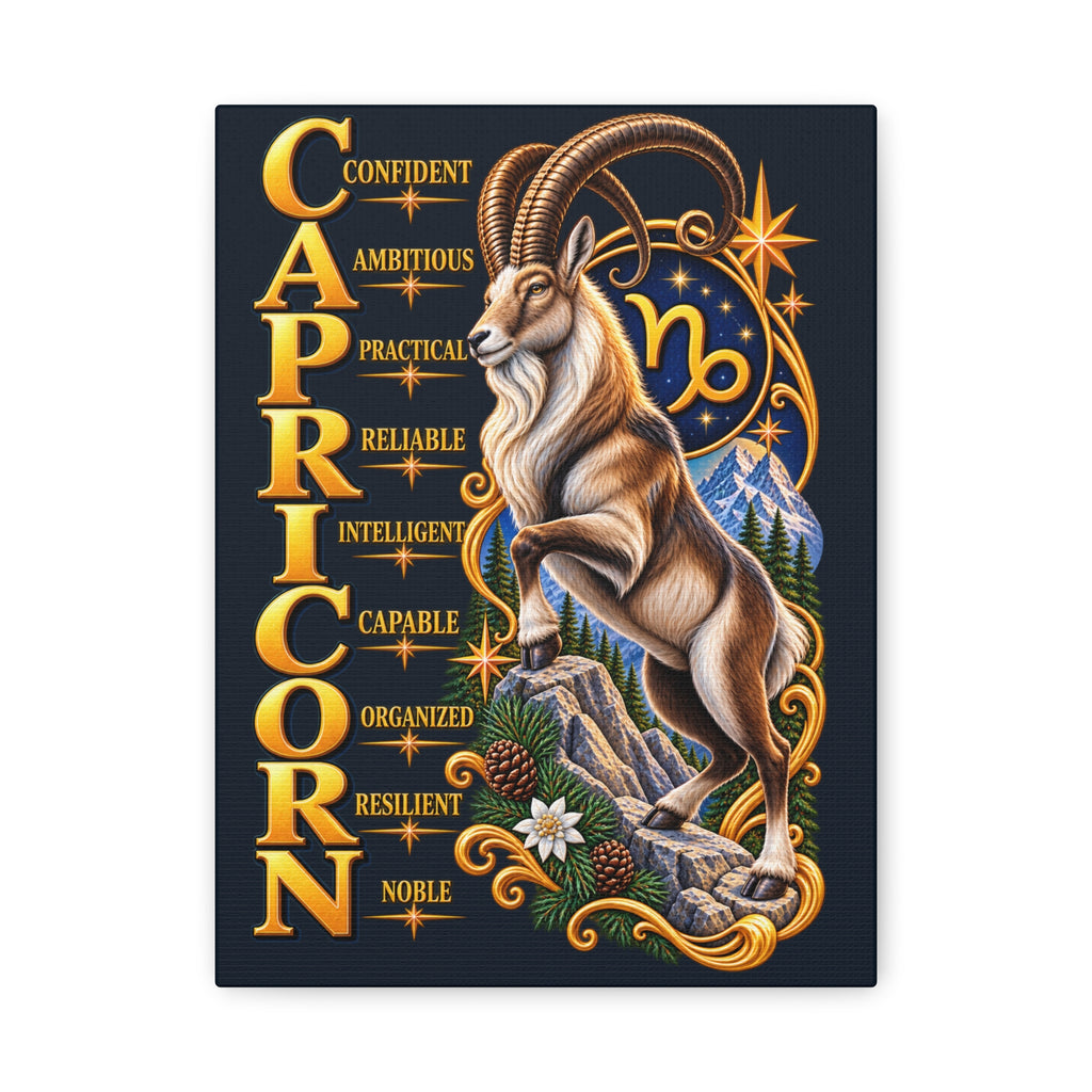 SatsandStripes.com Capricorn Zodiac Canvas Wall Art – Confident Ambitious Practical Astrology Decor – 12 x 9