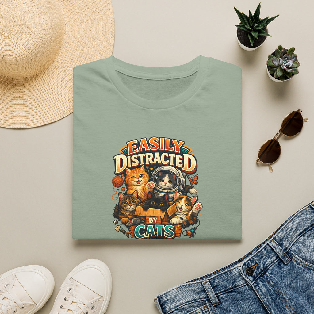 SatsandStripes.com Easily Distracted by Cats T-Shirt Cute Cat Lover Shirt Funny Cat Mom Tee Cozy Pet Lover Gift Sage Folded