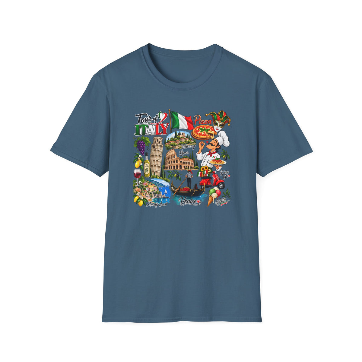 Tour of Italy Unisex T-Shirt – Italian Travel, Pizza, Venice & Rome Graphic Tee 100% cotton Indigo Blue