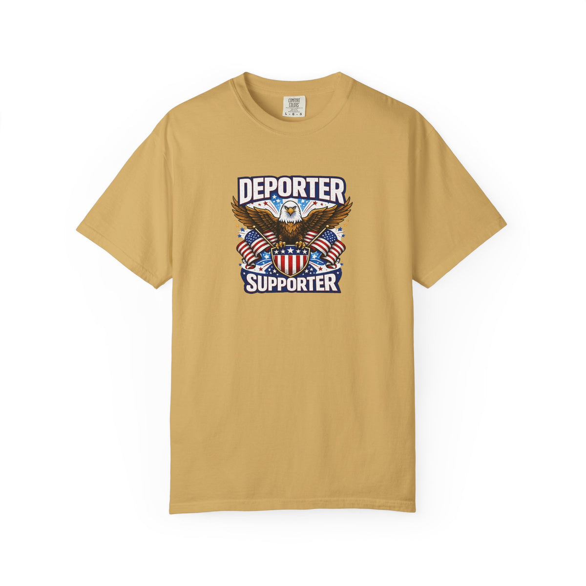 SatsandStripes.com Deporter Supporter Patriotic T-Shirt America First Eagle Tee Pro Border Apparel Gift for Patriots Gold