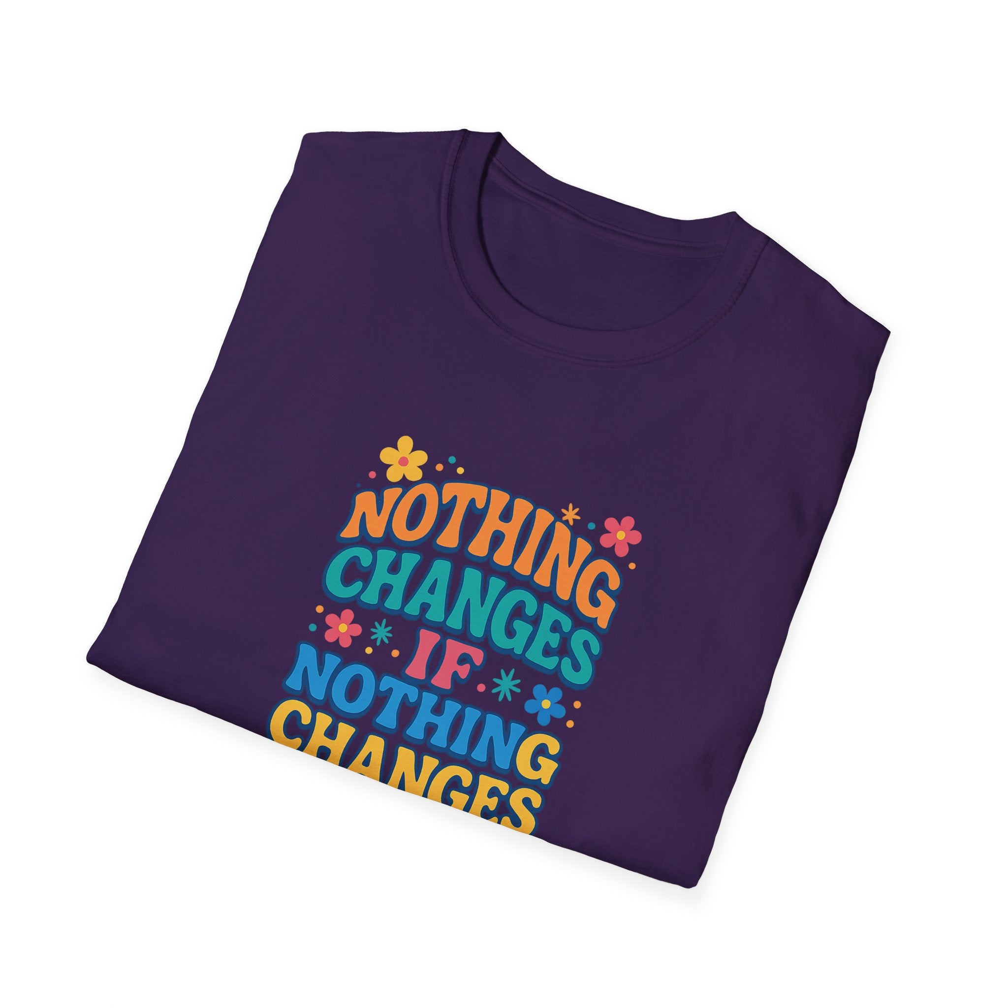 Sats and Stripes Retro Motivational T-Shirt Nothing Changes If Nothing Changes Positive Quote Tee Purple folded