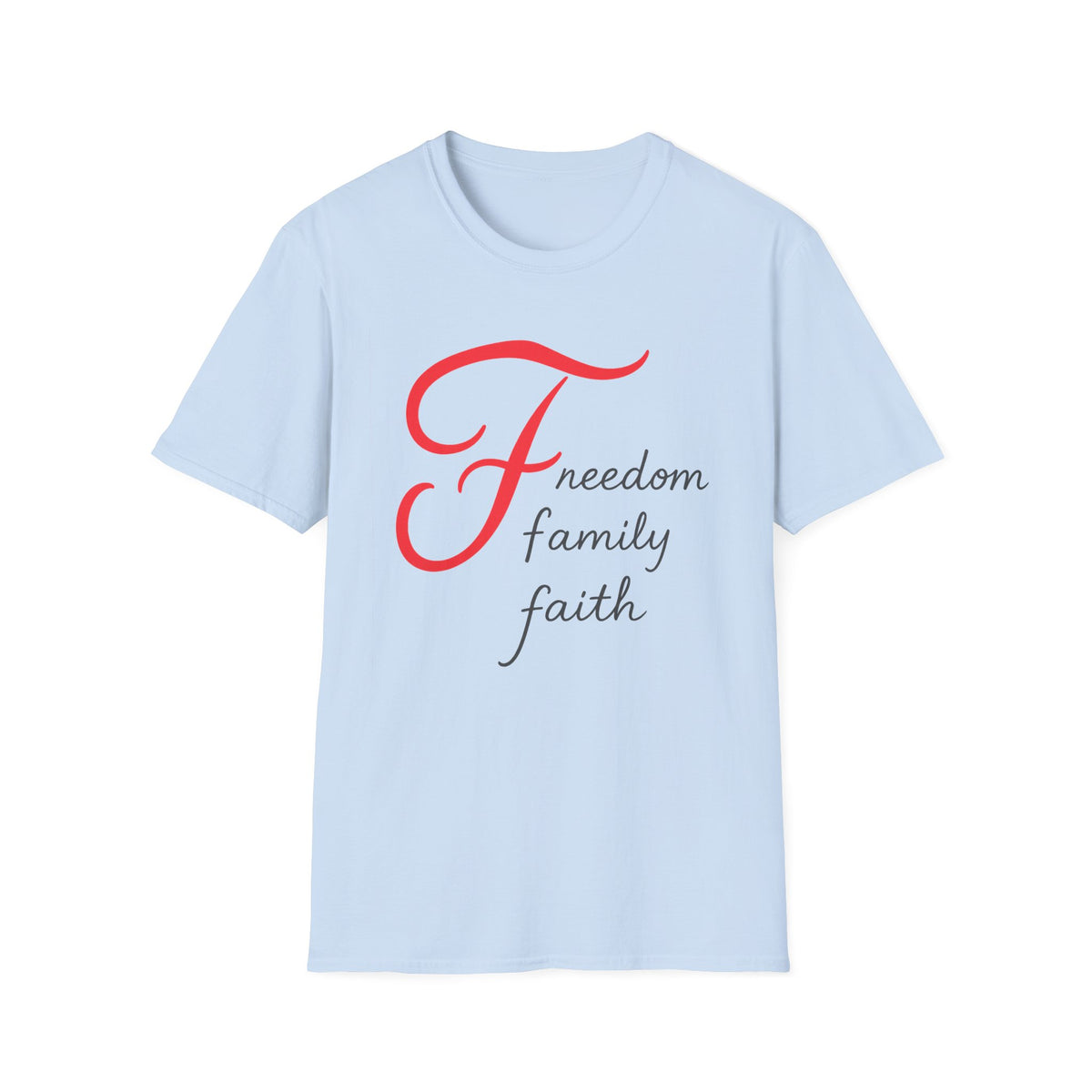 SatsandStripes.com Freedom Family Faith T-Shirt Inspirational Christian Tee Sky Blue