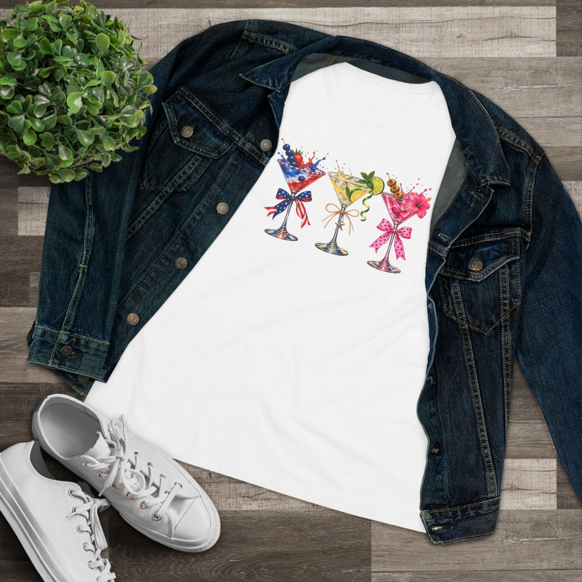 SatsandStripes.com Three Martini Glasses Women's T-Shirt Colorful Cocktail Lover Graphic Tee White with Jean Jacket