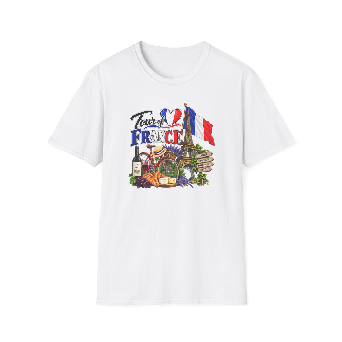 SatsandStripes.com Tour of France Softstyle® T-Shirt – Paris Eiffel Tower French Travel Graphic Tee White