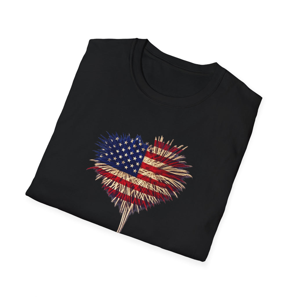 American Flag Fireworks Heart T-Shirt Patriotic 4th of July Shirt USA Independence Day Tee 7 colors 100% cotton