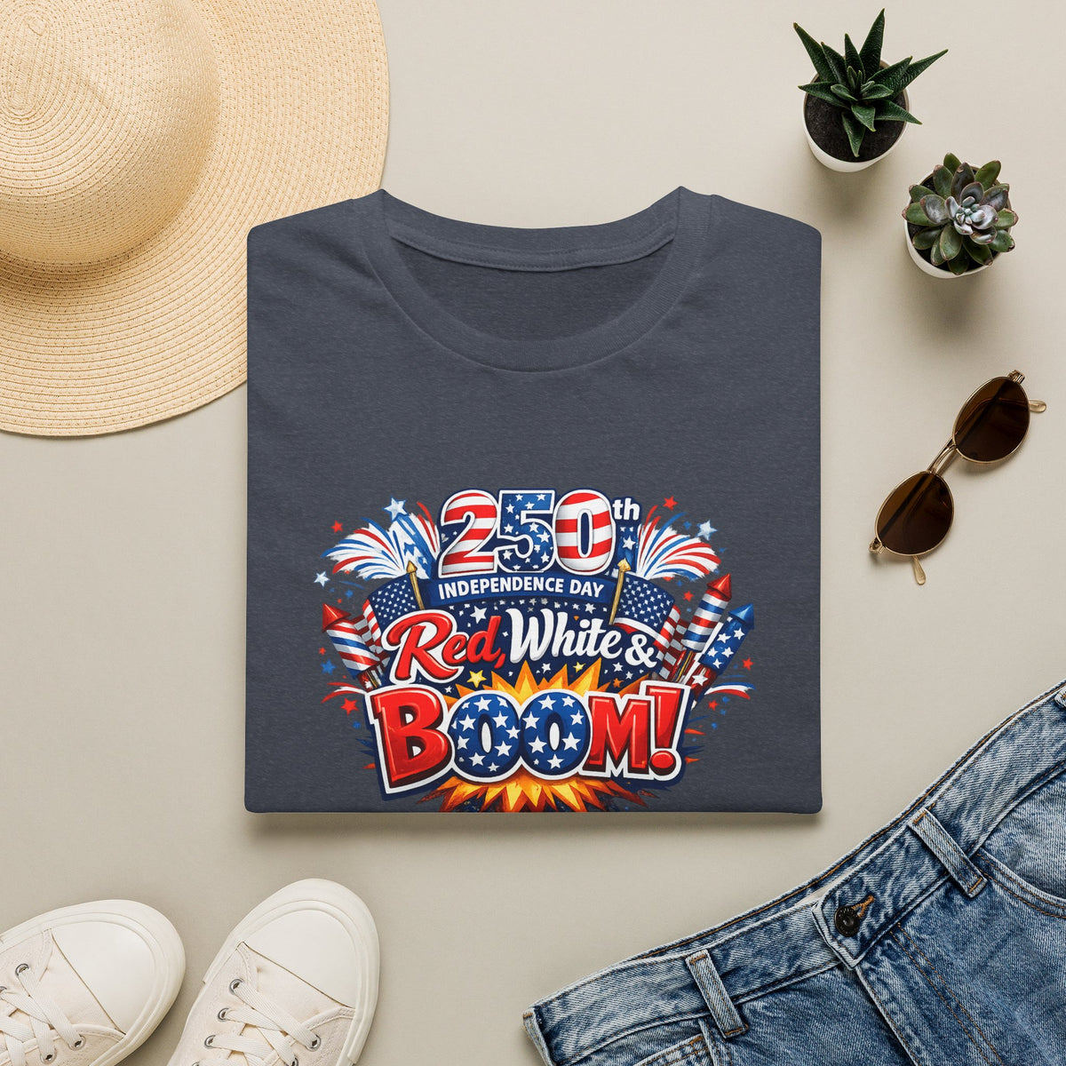 Sats and Stripes Red White & Boom 250th Anniversary Tee Patriotic 4th of July Fireworks Tee USA Charcoal Folded